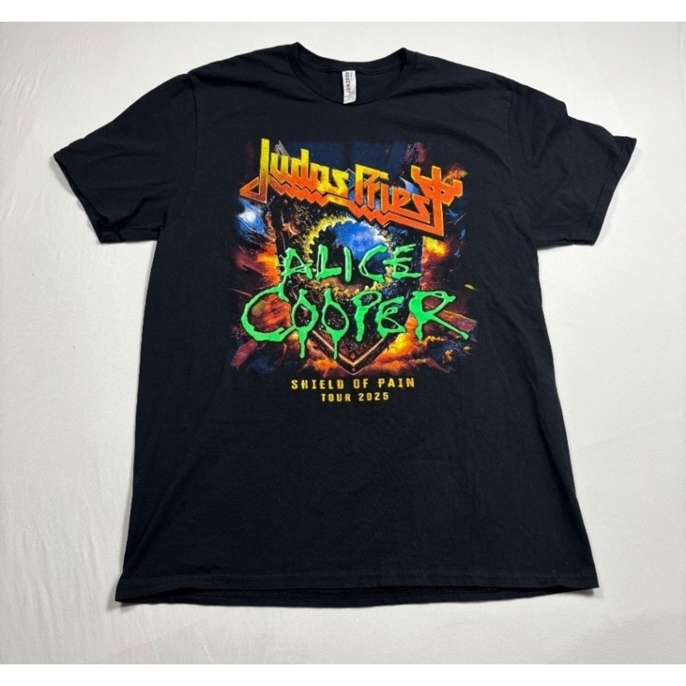 JERZEES Mens Large Judas Priest Alice Cooper Shield of Pain Tour 2025 T Shirt